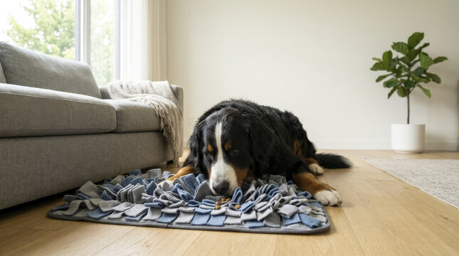 Bernese Mountain Dog calmly enjoying a grey snuffle mat, finding treats for mental enrichment and slow feeding in a modern home.