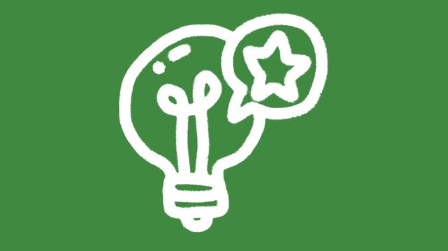 Light Bulb with star speech bubble idea hand-drawn cartoon graphic with chalk outline five-star innovation feedback icon isolated on green screen background for creative review rating line art element