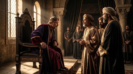 Fototapeta premium Herod the King sits on a throne and talks to three wise men. Biblical scene of magi talking to king in ancient palace. Historical religious story of Christmas and Jesus birth event.