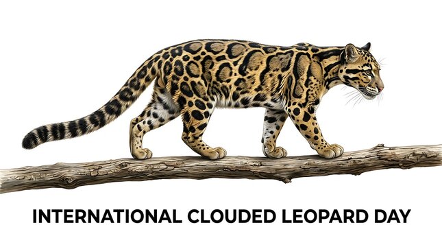 Illustration of a beautiful clouded leopard walking on a tree branch elegant and powerful pose