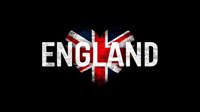 Animated video of the text England with glowing heart filled with the UK flag on black background, patriotic motion graphics featuring vibrant light effects, national pride and modern celebration desi