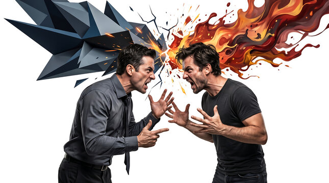Two men shouting and arguing intensely, with abstract fiery and geometric explosion behind them symbolizing conflict