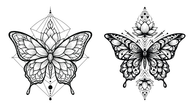 Intricate Butterfly Illustrations With Geometric Patterns On White Background butterflies