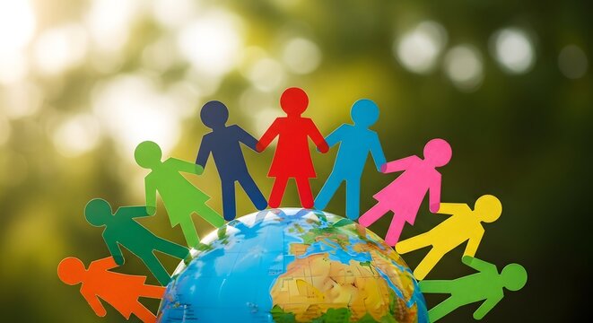 Celebrating international friendship day paper cutout people holding hands around a world globe