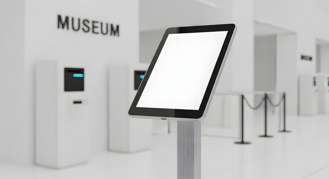 Digital tablet with blank screen in modern museum interior with self-service kiosks and museum sign.