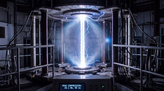 Futuristic nuclear fusion reactor core with glowing plasma energy, high-tech scientific laboratory equipment, advanced physics research facility