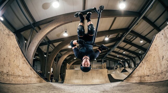 Man performs trick on kick scooter in indoor skate park. Extreme sportsman jumping on half pipe ramp. Action sport activity, hobby, athletic stunt, hobby and urban lifestyle concept.