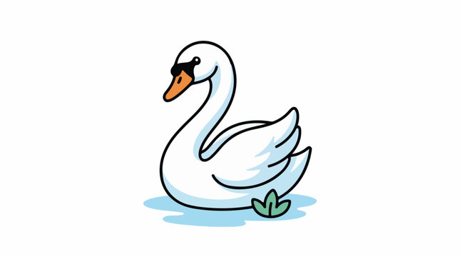 A cartoon swan in water with a leaf