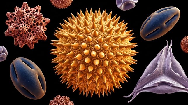 Intricate microscopic view of diverse pollen grains against a dark background.