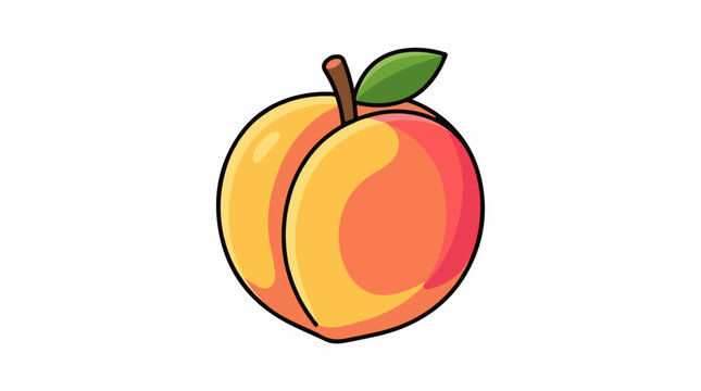 A colorful illustration of a peach with a leaf and stem