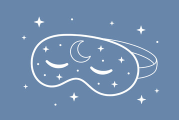 Fototapeta premium Sleeping eye mask decorated with a crescent moon and stars, surrounded by twinkling elements on a calming blue background.