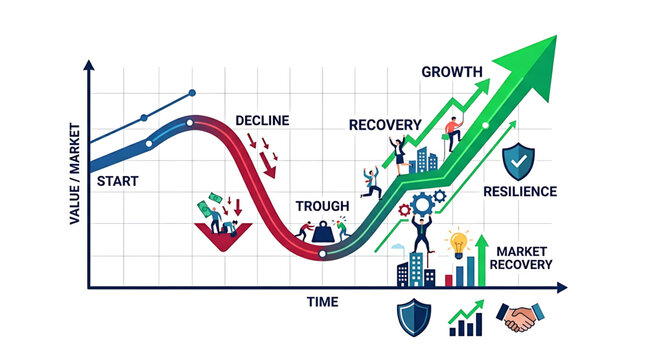 Business cycle graph showing economic recovery, growth, and market resilience concept of financial crisis, decline, and successful recovery phases with people working together to overcome challenges