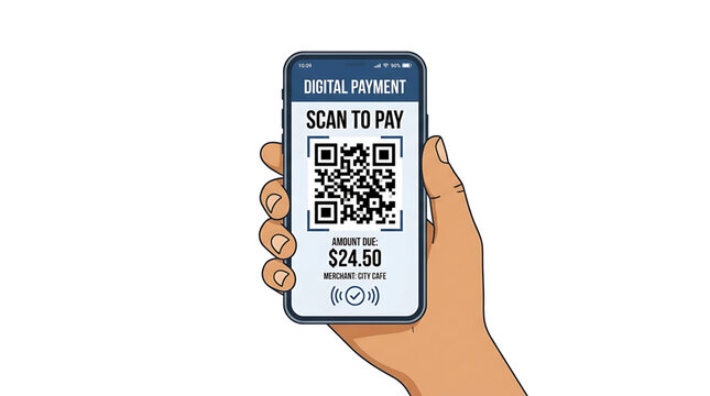 Hand holding a smartphone displaying a digital payment interface with a qr code for scanning at a cafe