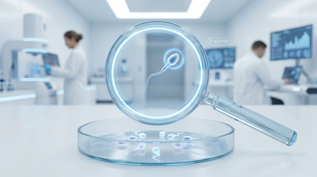 ICSI candidate sperm analysis concept with magnifying glass focusing on sperm in petri dish in laboratory environment with scientists working in background