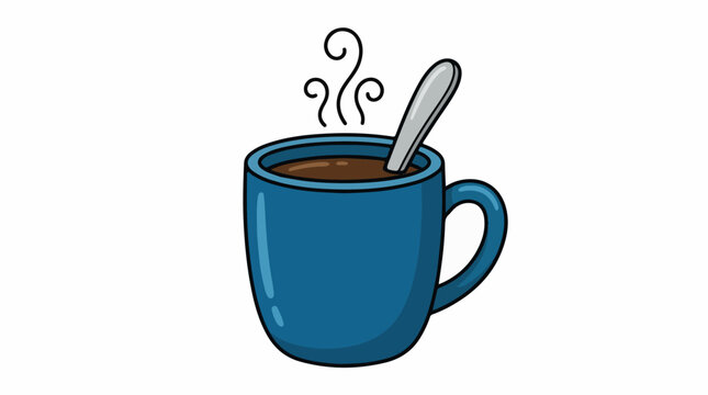A blue coffee mug with a silver spoon filled with brown liquid