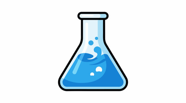 A blue conical flask with a black outline and bubbles