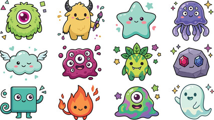 Cute Kawaii Monster Characters Collection Featuring Cyclops Jellyfish Ghost Star Creature and Adorable Fantasy Cartoon Mascots © MdNazmul