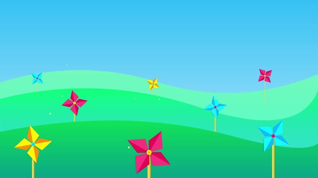Colorful Pinwheel Windmills in Rolling Hills Animation