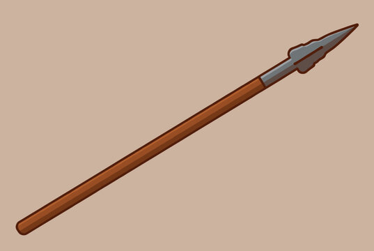 Traditional wooden spear with an iron leaf-shaped point, shown at an angle on a warm brown background.