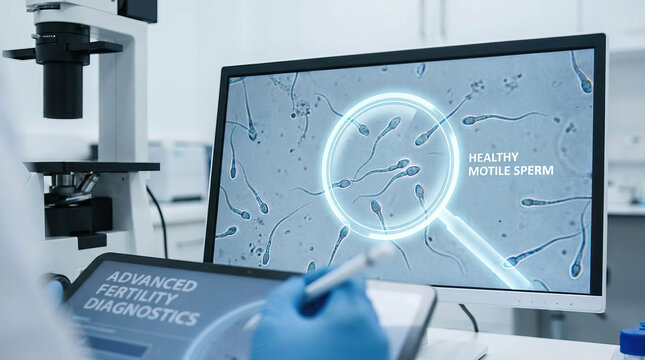 Fertility sperm microscope laboratory semen analysis male reproductive health diagnostics clinical lab scene with computer screen showing motile sperm magnification, technician hand holding pen