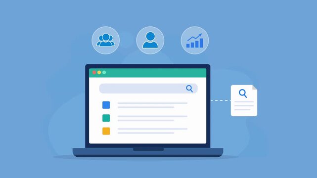 Animated flat vector dashboard on a laptop screen featuring user management, cloud collaboration, and performance analytics icons. Modern business intelligence and digital workflow concept.