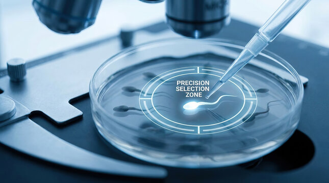 Laboratory microscope petri dish pipette embryo genetic testing icsi candidate in fertility clinic with precision selection zone overlay research concept for assisted reproduction biotechnology