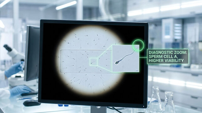 Fertility analysis on computer screen shows sperm cell with higher viability as backup plan for reproductive health in modern laboratory setting