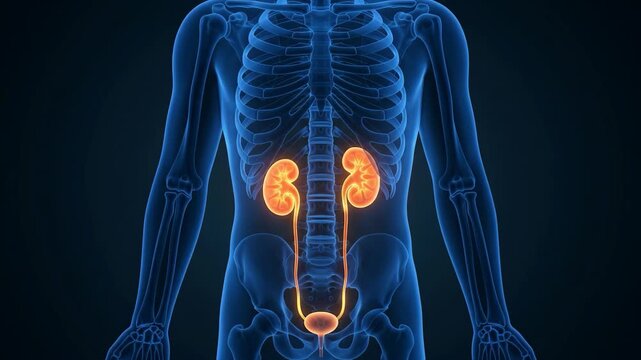 Anatomical animation of the human urinary system with glowing kidneys