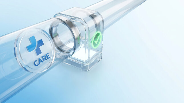 Healthcare medical care insurance technology digital 3d icon pipeline healthcare concept with transparent glass pipe and medical icon, clean blue background, futuristic digital care service