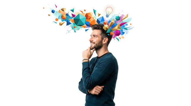 Profile view of a young creative man experiencing a burst of innovative ideas and colorful geometric shapes exploding from his head