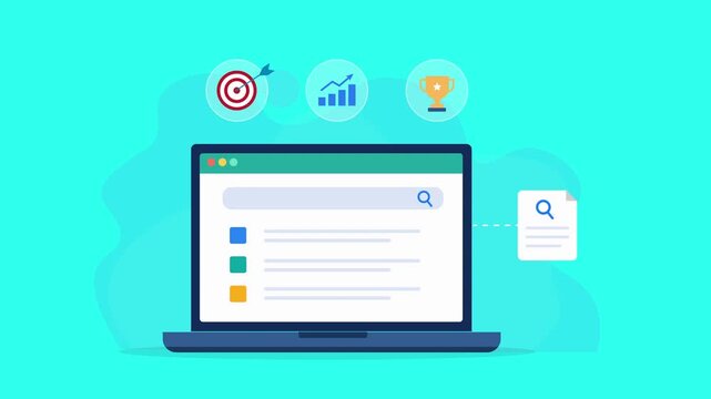 Animated flat vector dashboard on a laptop screen featuring target goals, business growth analytics, and innovation strategy icons. Modern performance management and planning concept.