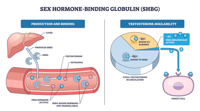 Sex hormone binding globulin overview shows liver, bloodstream, and testosterone availability chart, explaining hormone transport and free vs bound fractions, transparent background