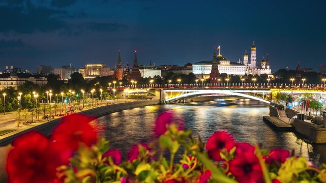 Evening view of the Moscow River, the Kremlin, the Cathedral of St. Michael the Archangel, and the Grand Kremlin Palace - timelapse