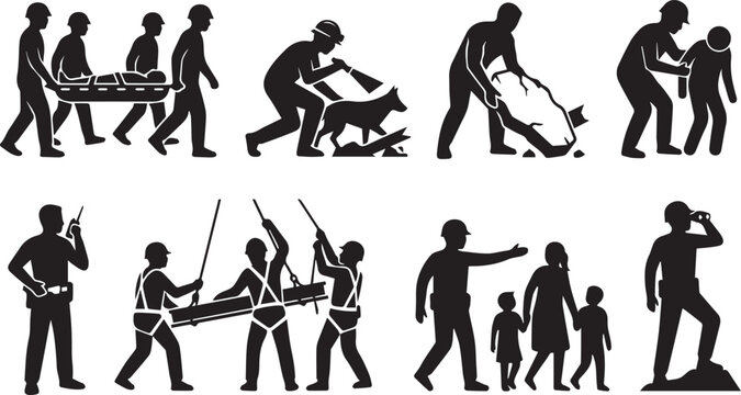 Emergency Search and Rescue Operation Silhouette Vector Icon Set Featuring Disaster Relief and First Responder Concepts