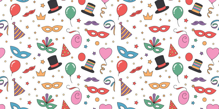 Carnival seamless pattern vector illustration with colorful masquerade masks party hats balloons top hats crowns and streamers on white background
