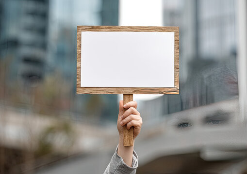 Hand holds blank wooden protest sign against blurred urban backdrop