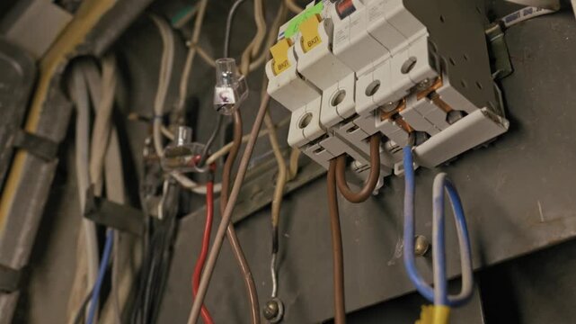 Electrical wires and circuit breakers connect inside a metal distribution box. Camera pans across chaotic cabling and fuse switches in dim lighting.
