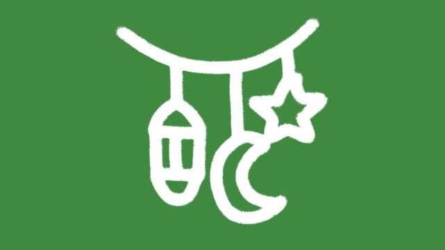 Ramadan decoration lantern moon star hand-drawn cartoon graphic with chalk outline Islamic Eid garland icon isolated on green screen background for religious culture line art element concept.