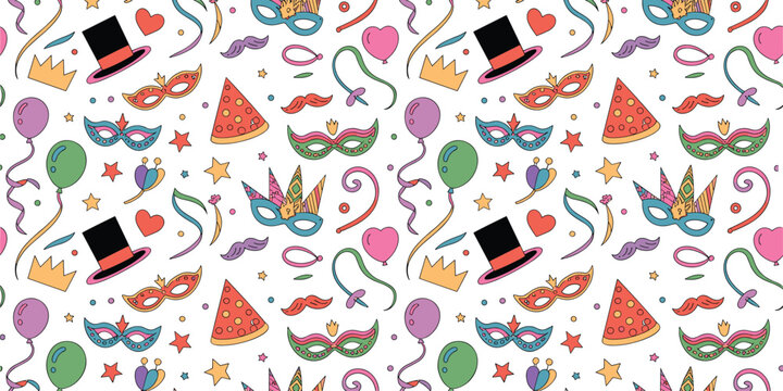 Carnival seamless pattern vector illustration with colorful masquerade masks party hats balloons top hats crowns and streamers on white background