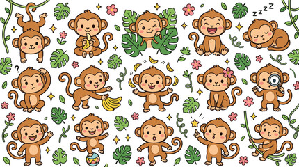 Obraz premium Cute Monkey Seamless Pattern Featuring Playful Cartoon Monkeys Bananas Tropical Leaves Jungle Wildlife and Adorable Characters