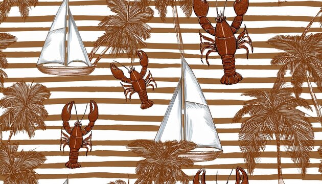brown tropical striped seamless pattern with lobster palm tree sailboat bows boho summer vacation repeat background hand drawn nautical wallpaper print textile design wrap paper fabric