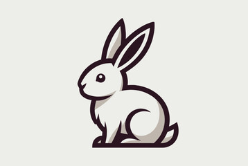 Obraz premium Cute fluffy white rabbit with long ears sitting peacefully is shown on a light grey background in clean minimalist vector outline style.