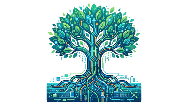 Digital tree concept with circuit board branches and data cable roots