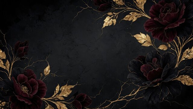 Copy Space Dark Floral Background with Burgundy Roses and Gold Leaves
