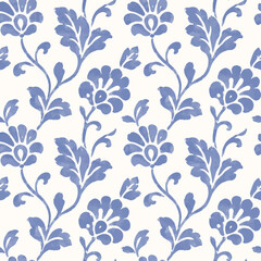Fototapeta premium Blue Folk Floral Seamless Decorative Pattern