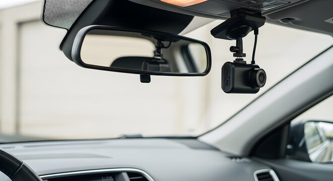 Dashcam mounted on the windshield of a modern car, capturing the road ahead for safety and security.