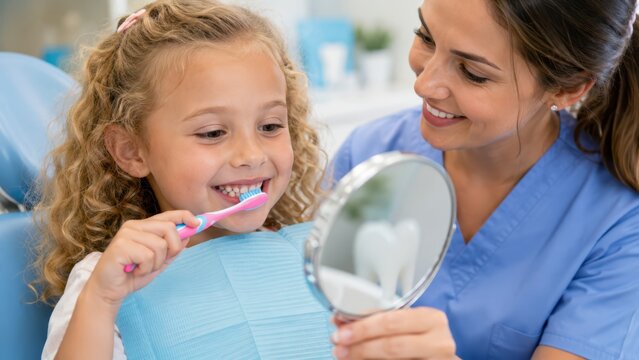 Child brushing teeth with dental nurse guidance, pediatric oral hygiene routine, cavity prevention education, fluoride awareness, family wellness, positive clinic visit, healthy habits from youth