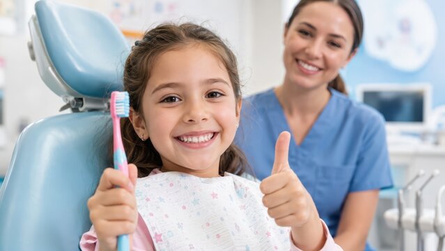 smiling child holding toothbrush in dental clinic chair, pediatric dentistry visit, oral hygiene education at checkup, cavity prevention guidance, fluoride protection, back-to-school appointment