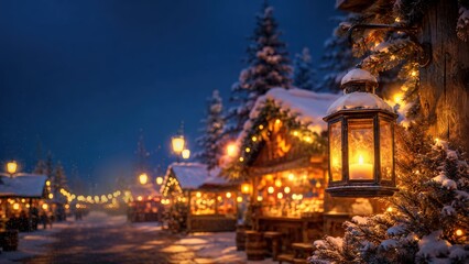 Fototapeta premium Cozy Christmas Market Scene with Glowing Lanterns and Snow at Night
