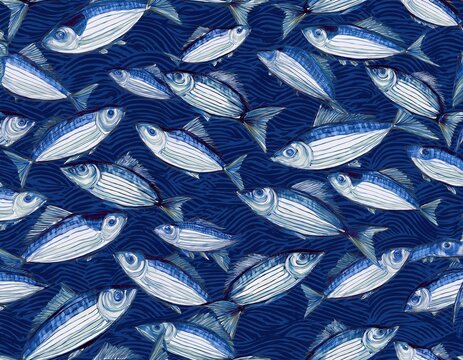 blue coastal striped sardine fish seamless pattern ocean marine summer sea vacation repeat background hand drawn beach wallpaper geometric print wrap paper retro fabric textile design